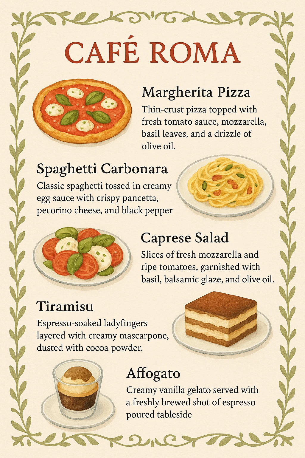 AI-generated menu for 'Café Roma' Italian café