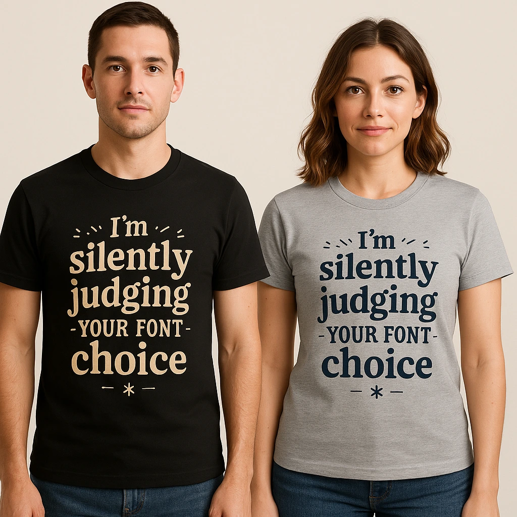 AI-generated t-shirt design 'I'm silently judging your font choice' on models