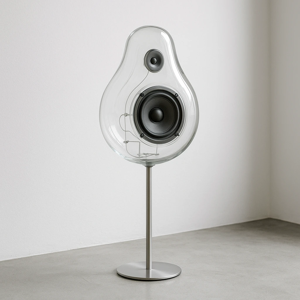 AI-generated minimalist glass home speaker with organic shape