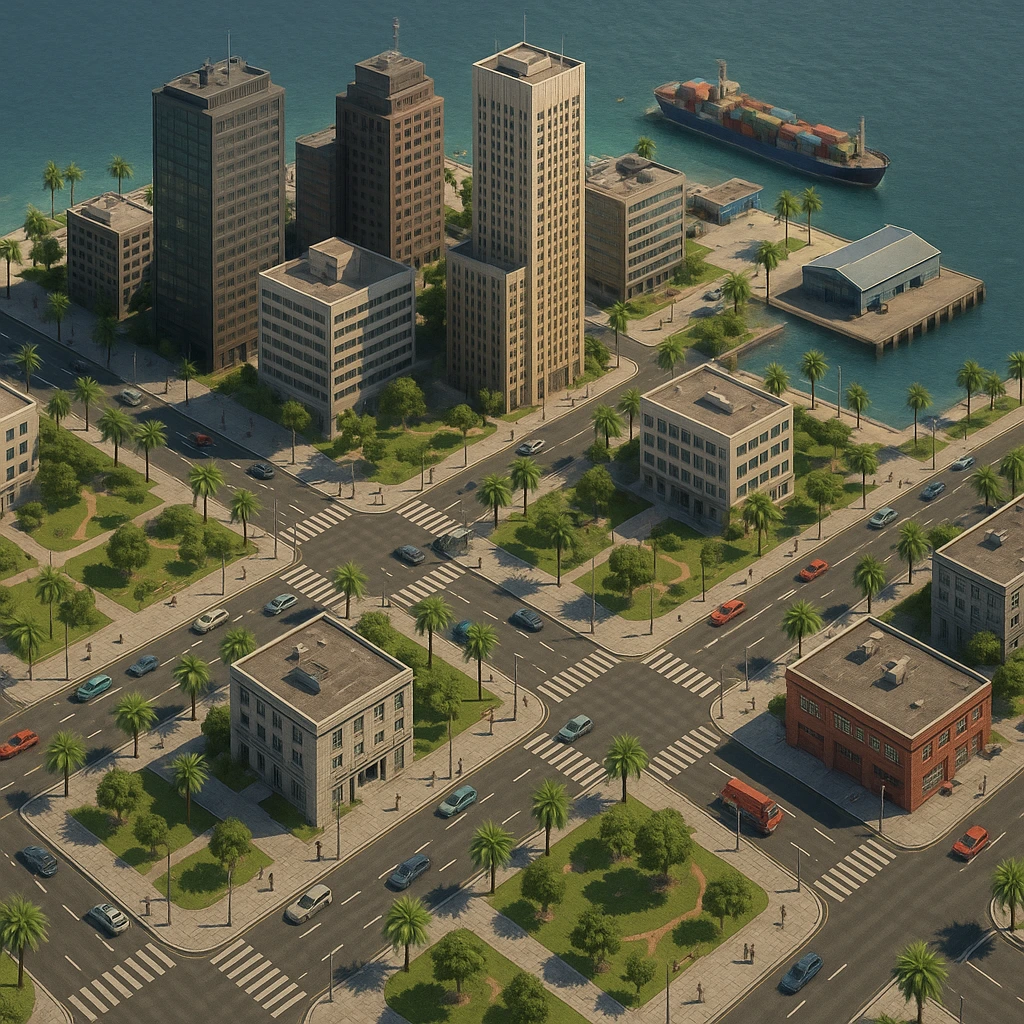 AI-generated isometric 3D view of an island city for a simulation game