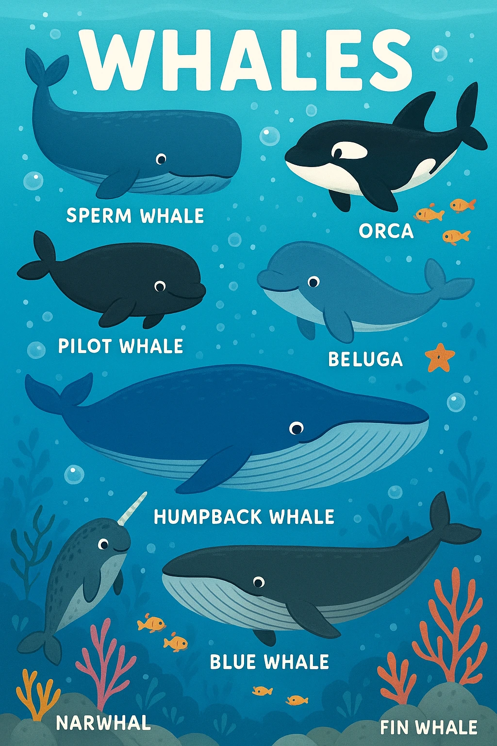 AI-generated educational poster of whale species in cute animation style
